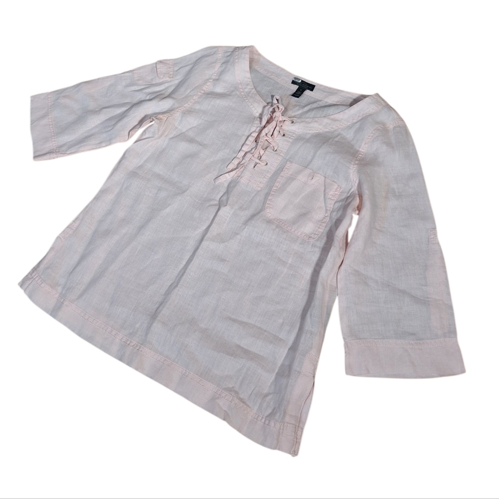 LRL Ralph Lauren Pink 100% Linen Lace Up 3/4 Sleeve Blouse Ladies Medium Beachy